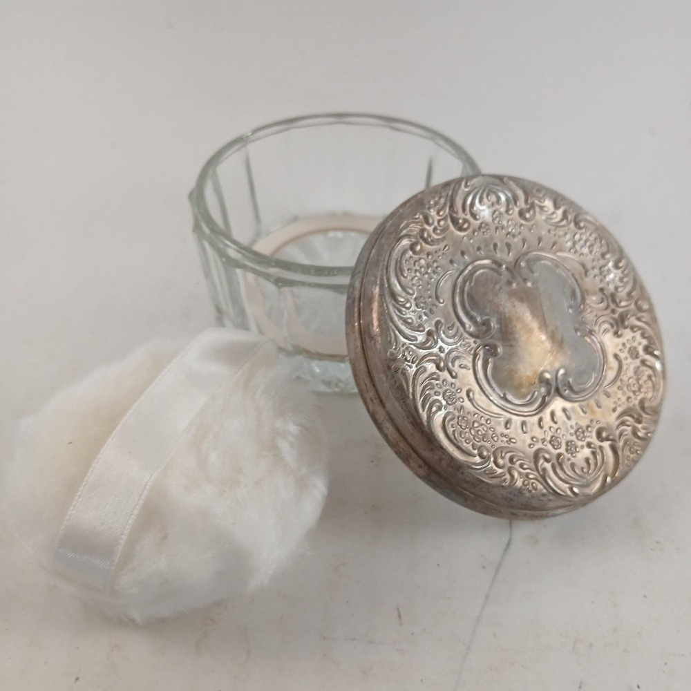 Crystal Powder Box with Silver Plated Lid Powder Puff Davco Silver LTD 7092 NIB